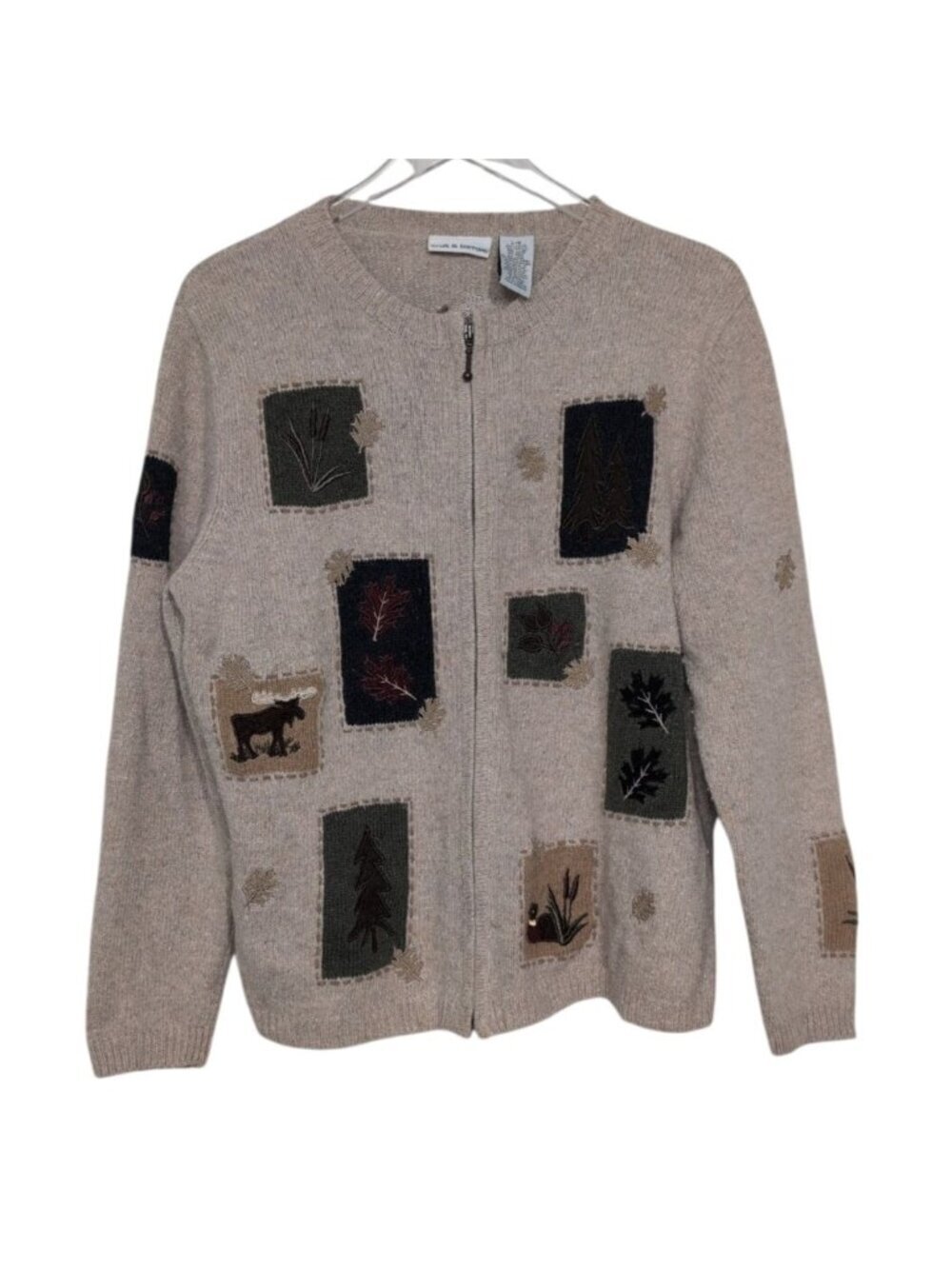 Croft & Barrow Embroidered Sweater Womens Size Large Beige Outdoor Moose Full Zi